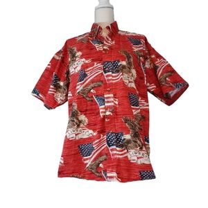 North River Men's Short Sleeve Button Up Shirt Size Large Red White & Blue Eagle